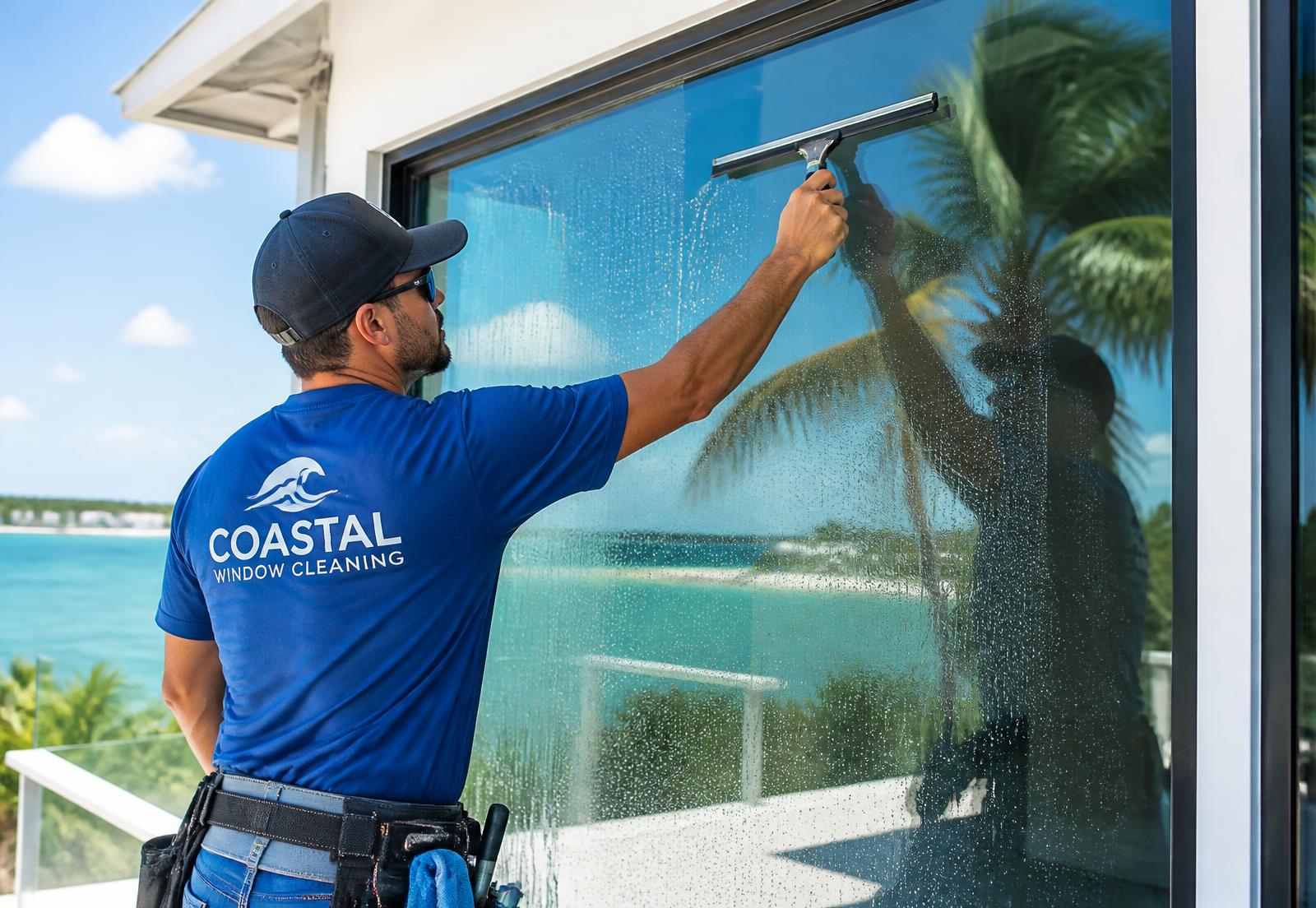 Professional window cleaner squeegeeing a sparkling clean window at a West Florida home